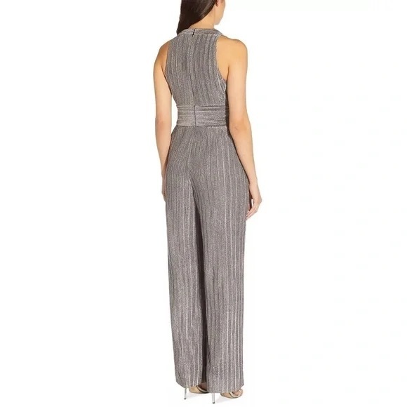 NWT Adrianna Papell Metallic Dark Silver Tie Waist Jumpsuit Size 2 Petite - Picture 2 of 3
